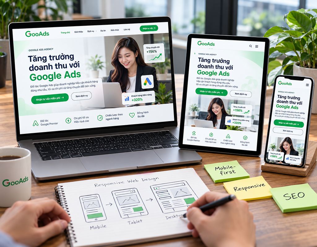 Thiết kế mobile-first đi từ mobile, tablet đến desktop, hiển thị trên laptop, tablet và điện thoại