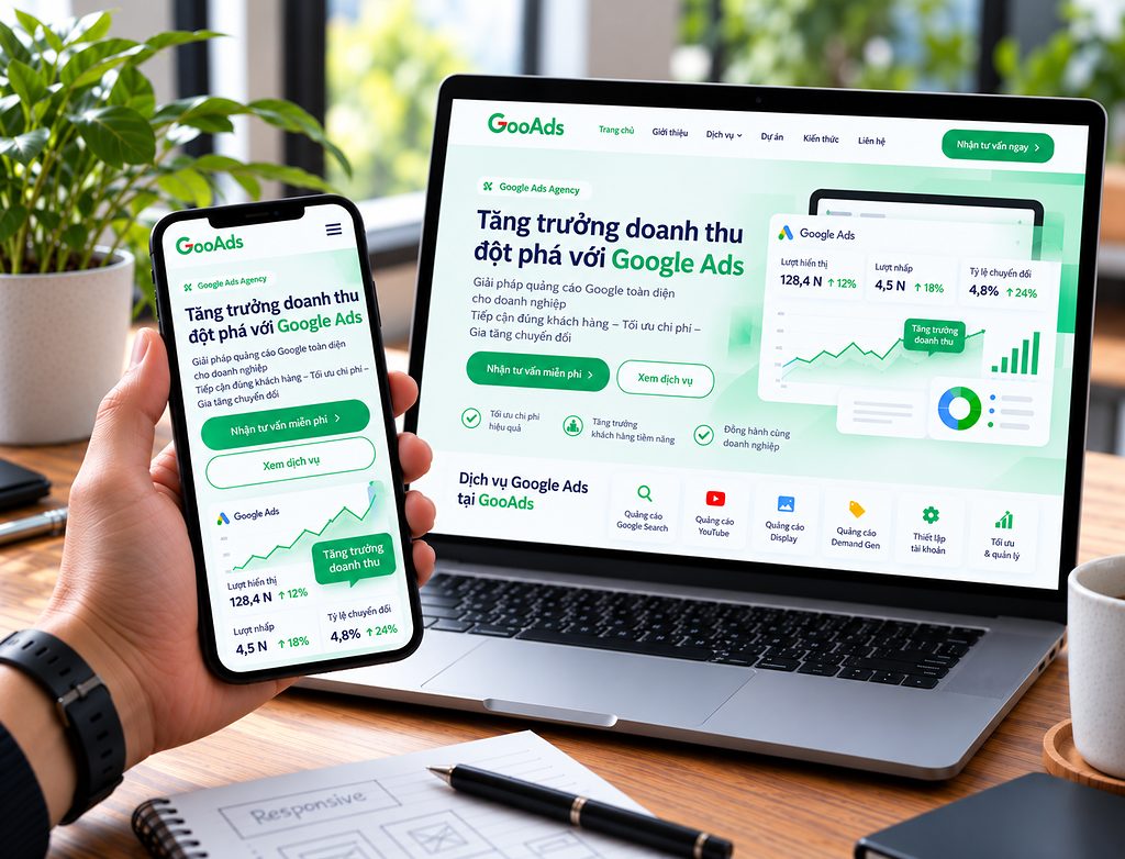Ví dụ responsive là gì: bố cục nhiều cột trên laptop chuyển thành một cột trên điện thoại