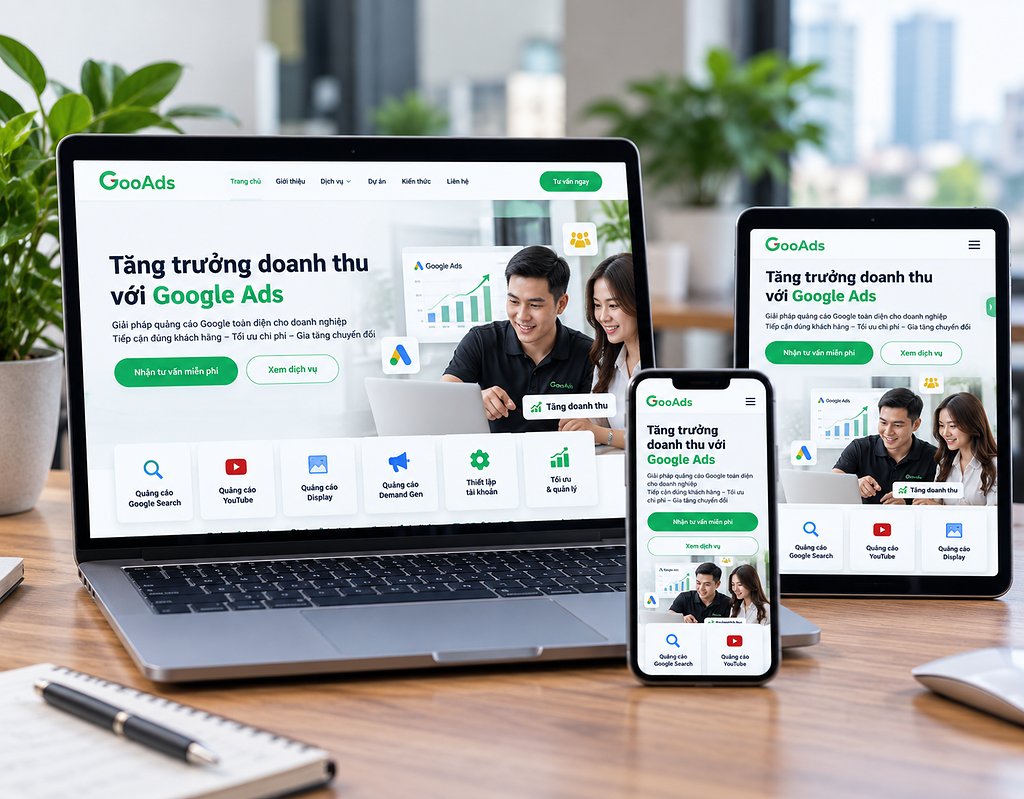 Responsive là gì: giao diện website GooAds hiển thị trên laptop, tablet và điện thoại